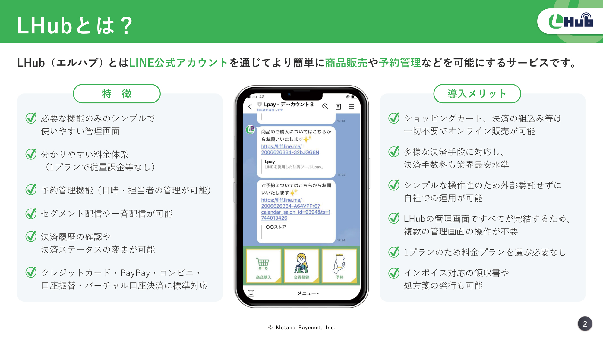 Lhub(エルハブ)とはLINE公式アカウントを通じてより簡単に商品販売や予約管理などを可能にするサービスです。